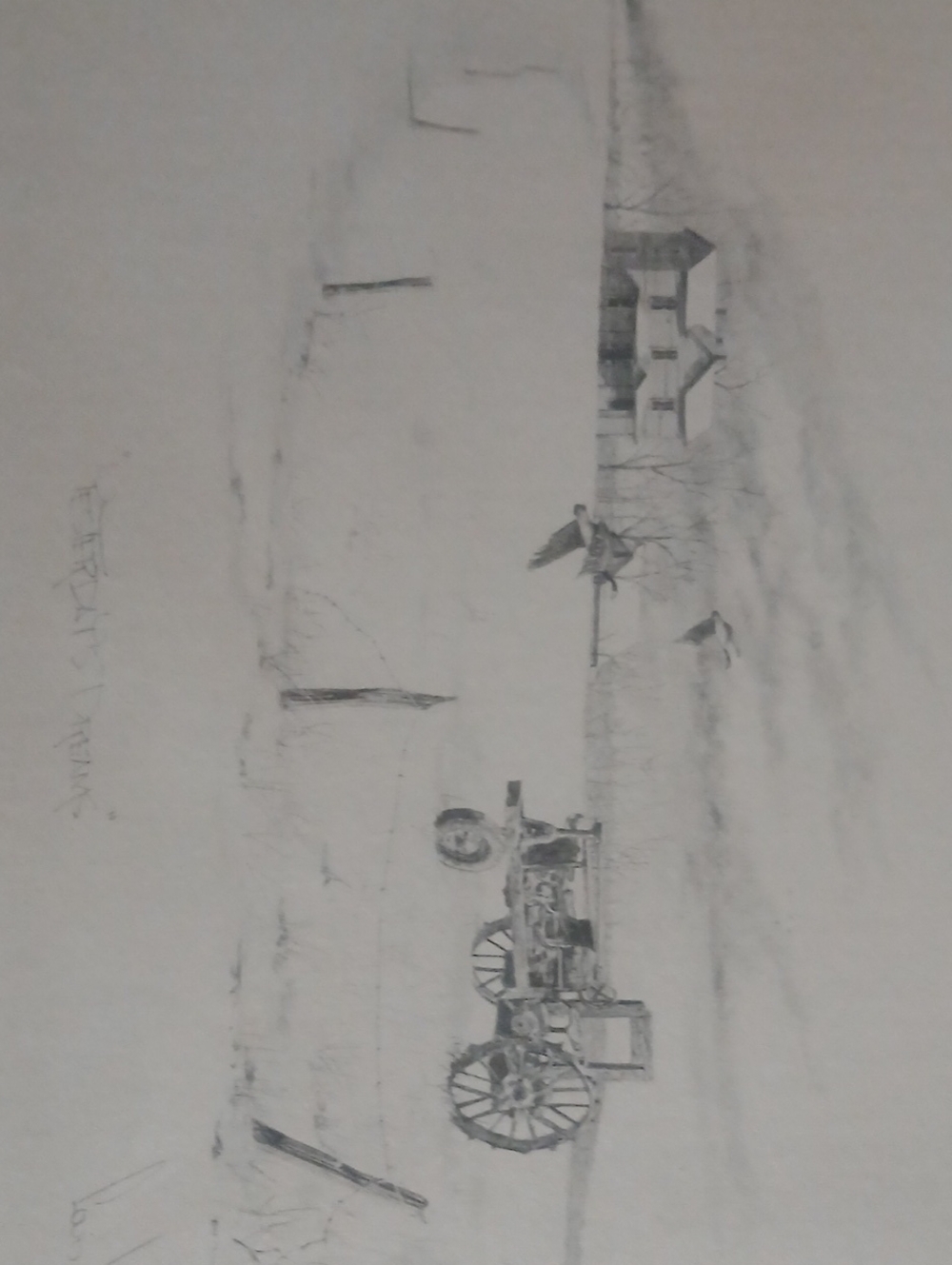 Art- Two Farmstead Pencil Sketches By Louis Jones Signed 13in L X 20 in W
